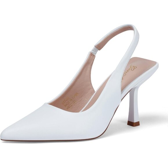 Women Brown White Satin Pointed Closed Toe Slingback Mid Heels Stiletto Pumps - Picture 1 of 8